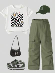 SHEIN Conjunto Casual Coordenado para Meninas Jovens, Top de Manga Curta com Estampa Floral e de Rosto e Calça Cargo de Perna Reta - Verde - Visão 2