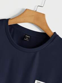 Manfinity BRENVOR Men Spring/Summer Casual Plain Patched Detail Short Sleeve T-Shirt And Long Pants 2pcs Set, Cozy Outfits - Navy Blue - View 8