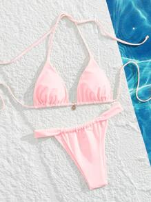 Swim Mod 2pcs/Set Summer New High Waist Sexy Backless Halter Tie Up Women's Swimsuit Set - Pink - View 3