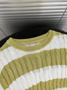 Claim Dot Men's Striped Round Neck Short Sleeve Casual Knit Sweater - Mustard Yellow - View 4