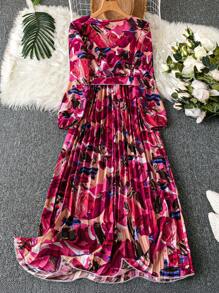 Trelyra 1pc Women's Elegant Floral Ruched V-Neck Wrap Dress With Belt And Long Sleeves Maxi Women Outfit