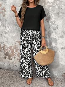 EMERY ROSE 2pcs Women Floral Pattern Fitted Outfit Suitable For Spring/Summer Vacation Suitable For Going Out - Multicolor - View 3