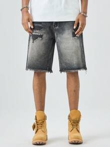 Manfinity EMRG Men's Distressed Black Denim Shorts Raw Hem Ripped Detailing And Avant-Garde Street Style - Black - View 4