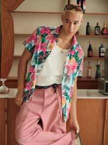 SWAVVY Camisa azul de manga corta con estampado floral tejido casual para hombre, adecuada para vacaciones