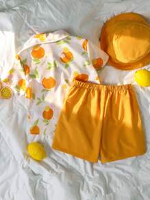 Set de 3 piezas para niños pequeños que incluye camisa tipo polo con diseño lindo y deportivo, shorts y gorra, apropiado para uso diario, escuela, viajes, deportes, primavera/verano, vacaciones en la playa - Naranja - Ver 3