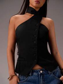 Forever 21 Áo hở lưng cổ yếm cài nút phía trước màu trơn cho nữ, mùa hè - màu đen - Xem 1