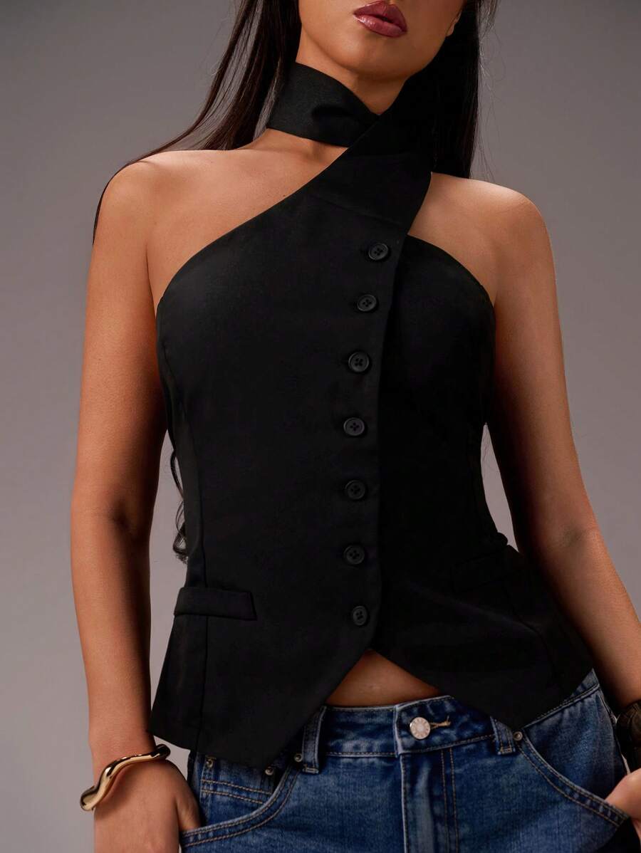 Forever 21 Áo hở lưng cổ yếm cài nút phía trước màu trơn cho nữ, mùa hè - màu đen - Xem 1