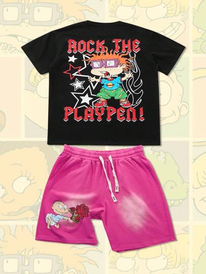 Nick 90's X ROMWE طقم قطعتين رجالي مكون من تي شيرت بأكمام قصيرة بطباعة كرتونية وحرفية، وشورت مغسول بالثلج من مجموعة "حياة الشارع"