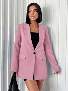 RueChic Women's Turn-down Collar Single-breasted Blazer Jacket - Hot Pink - View 4