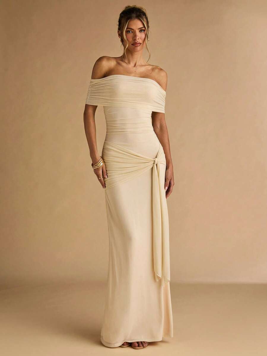 SHEIN BAE Váy dệt kim trễ vai nhún eo màu mơ cho nữ, Váy nghỉ mát mùa hè, Váy thanh lịch - Màu be - Xem 1