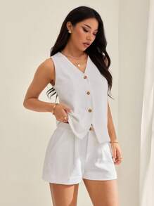 SHEIN PETITE 秋冬纯色开衫短裤两件套休闲套装 - 白色 - 查看 8