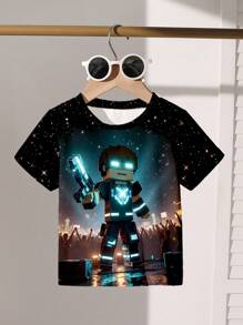 Young Boy Creative Star Sky Stage Gun Block Human Print Short Sleeve T-Shirt,Fashionable Basic Summer School Gaming Kids Graphic Tee - Multicolor - View 3