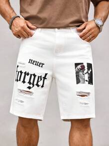 Manfinity Roughcore Men's Casual Loose Ripped Fashion Denim Shorts, Summer Graphic Denim Shorts Streetwear Shorts Graphic Shorts Men, Emo Style - White - View 6