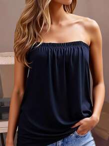 INAWLY Plus Size Women's Solid Color Summer Casual Strapless Sleeveless Top