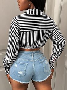 BamGleam Women's Long Sleeve Single-Breasted Striped Cropped Sexy Shirt Fall Cloth For Women - Black and White - View 2