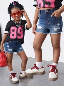 Young Girl' Navy Blue Denim Stretch Ripped Shorts,Kid Girls Spring And Summer Casual Vacation Country Boho Wear, Beach Outfits For Kid Girls,Western Street Wear For Girl,Spring Break Outfits,Rave Outfits Festival Denim Shorts - Dark Wash - View 1