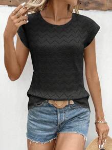 SHEIN LUNE T-shirt décontracté à manches courtes, col rond, avec broderie ajourée pour femme, idéal pour les vacances