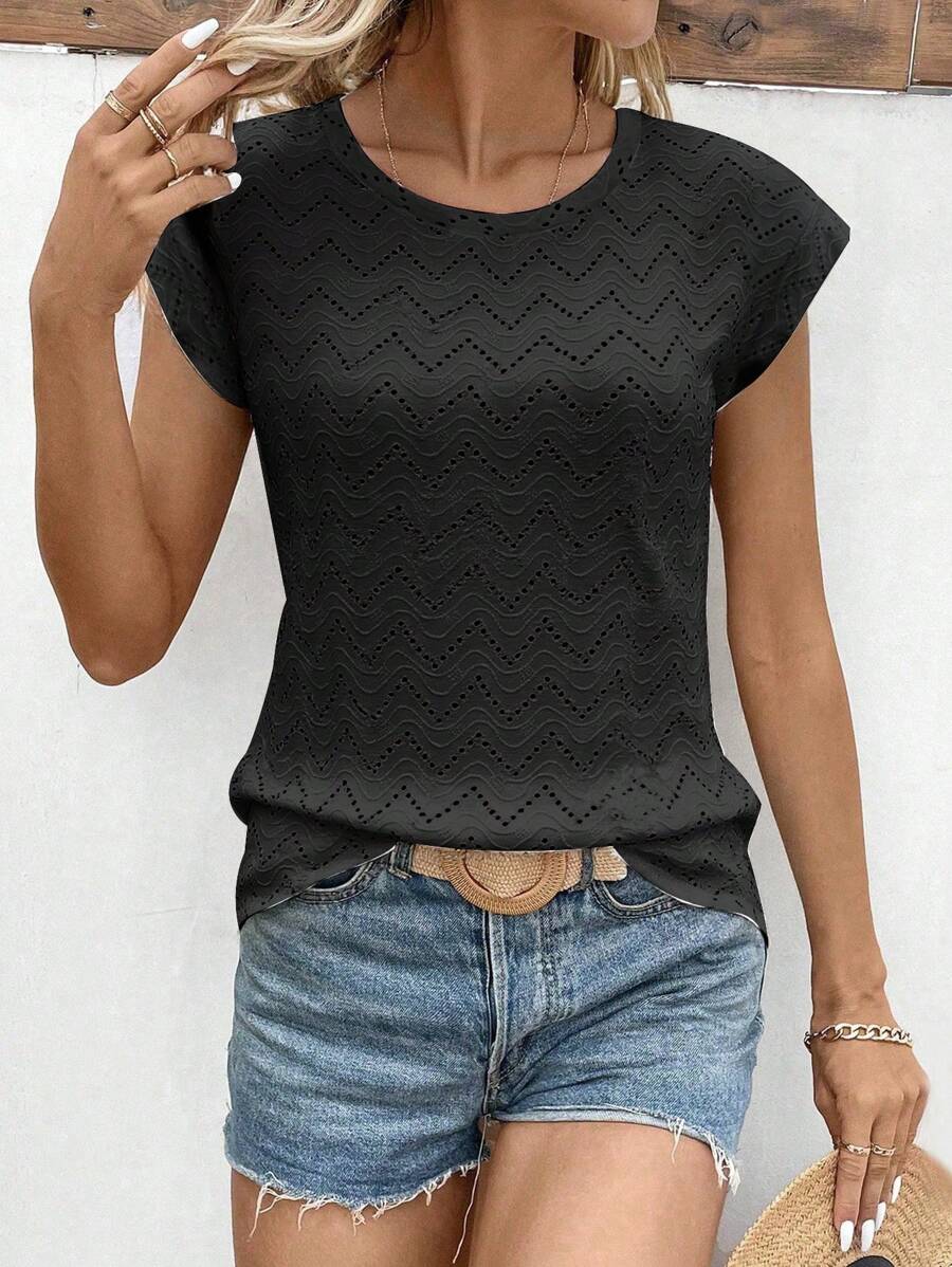 SHEIN LUNE T-shirt décontracté à manches courtes, col rond, avec broderie ajourée pour femme, idéal pour les vacances