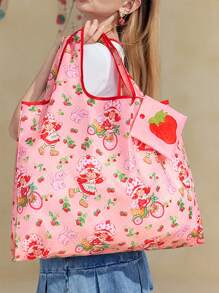 Strawberry Shortcake X SHEIN Sac fourre-tout pliable de shopping à bloc de couleurs avec personnage de dessin animé mignon et impression de fraise, et joli porte-monnaie