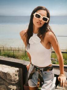 Easelle Women's Spring And Summer Beach Vacation Bohemian Style Three-Dimensional Hand-Crocheted Floral Halter Lace-Up Slim Fit Knitted Sweater White Top - White - View 2