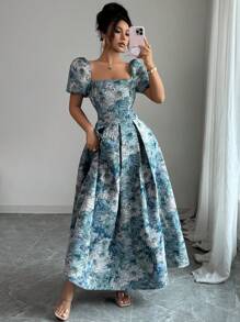 Elenzga 女士优雅刺绣泡泡袖中长连衣裙，夏季