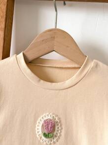 Loomiva Set de 2 piezas: Blusa de manga larga con cuello redondo y volantes con estampado de tulipanes de punto suave y pantalón de cintura elástica para niñas, en beige/albaricoque - Caqui - Ver 8