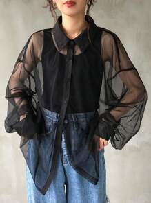 FRIFUL Women Mesh Oversized Long Sleeve Casual Blouse, Spring Summer,Ruffle Sheer,Fall Women Clothes