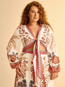 CAJUNI Plus Size Mulheres Boho Férias Floral & Planta Retro Estampa V Alça Amarrada Férias Casual Manga Longa Top Curto - Multicolorido - Ver 1