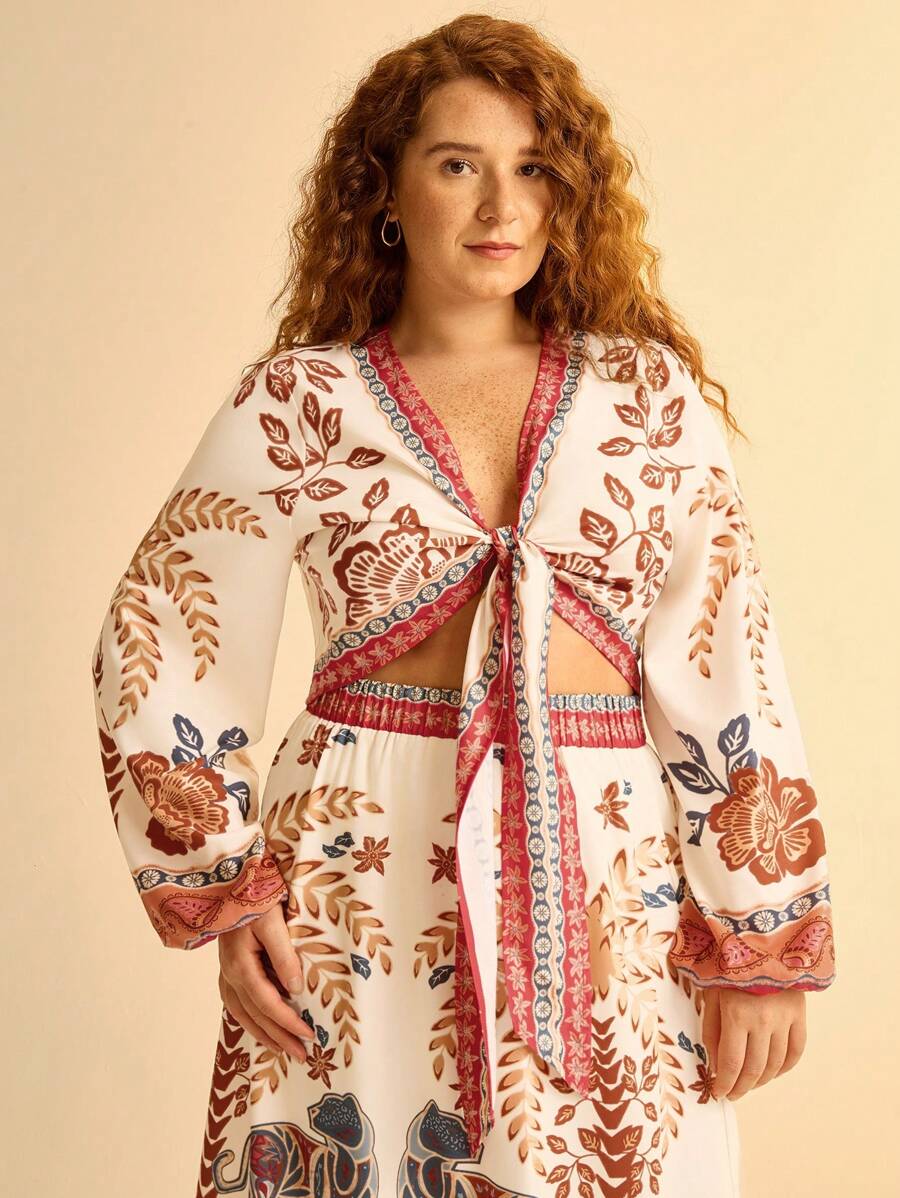 CAJUNI Plus Size Mulheres Boho Férias Floral & Planta Retro Estampa V Alça Amarrada Férias Casual Manga Longa Top Curto - Multicolorido - Ver 1