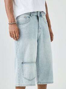 Manfinity EZcore 男式口袋宽松阔腿休闲牛仔百慕大短裤 - 淺色水洗藍 - 查看 8