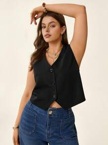 SHEIN LUNE Blusa senza maniche casual estiva di colore solido per donne taglia curvy, adatta per insegnanti, multi-occasione, primavera e autunno, per ufficio e scuola - nero - Visualizzare 6