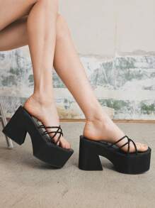 Sugerpunk 女式高跟厚底方头朋克风格凉鞋，黑色，带水钻简约系带，适合夏季服装 - 黑色 - 查看 7