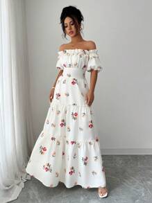 Elenzga 女士优雅时尚通勤休闲舒适迷人复古优雅淑女温柔浪漫度假单肩荷叶边泡泡袖收腰 A 字下摆花卉印花连衣裙（随机印花） - 杏色 - 查看 3