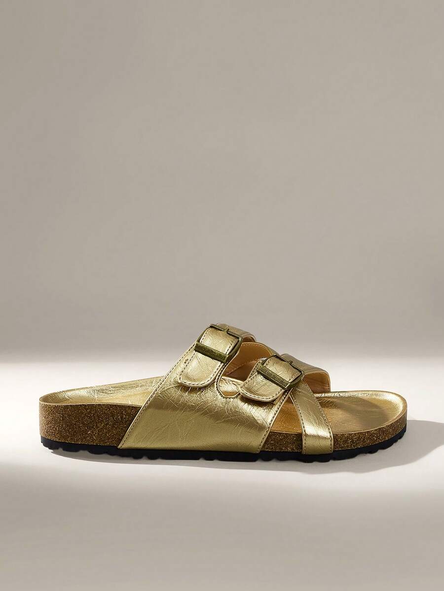 Solecia 女士金色时尚休闲扣式平底凉鞋，适合日常穿着、圣诞节、万圣节、音乐节、秋季 - 金色 - 查看 1