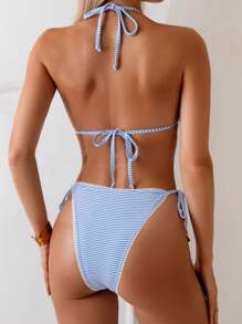 Swim Vcay 女式蓝白条纹两件套比基尼套装，吊带系带蕾丝花边贝壳装饰性感比基尼，沙滩装 - 藍白色 - 查看 2
