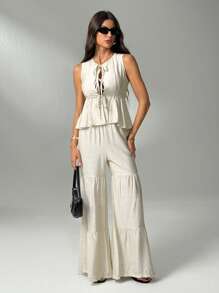 SHEIN Tall Women's Casual Apricot Two-Piece Set Sleeveless Round Neck Textured Top And Long Tiered Skirt Co-Ord - Apricot - View 6