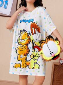 GARFIELD | SHEIN Plus Size Letter & Cartoon Print Okrągły Dekolt Krótki Rękaw Koszula Nocna