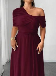Elenzga Plus Size Women's Elegant & Romantic Chiffon One-Shoulder Split Dress, Suitable For Party, Wedding, Banquet, Autumn/Winter, Wine Red