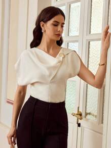 ZEYLAH Áo cánh tay ngắn bất đối xứng màu trơn thanh lịch cho nữ, áo mùa hè - trắng - Xem 3