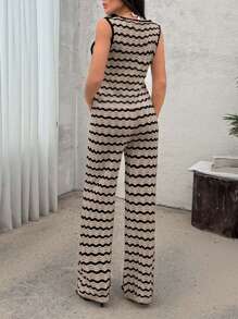 EURMUSE Set da donna composto da coprispalle a righe ondulate da spiaggia e pantaloni a zampa larga, 2 pezzi, stile vacanziero - Beige - Visualizzare 2