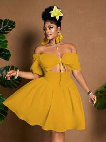 Maweii Plus Size Women's Solid Color Off Shoulder Short Puff Sleeve Hollow Out Design Sexy Dress