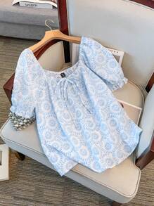 Regalyn Blusa casual veraniega para mujer de talla grande, con diseño de puño y cuello anti-espía, de malla bordada, delicada y dulce, con cintura elástica