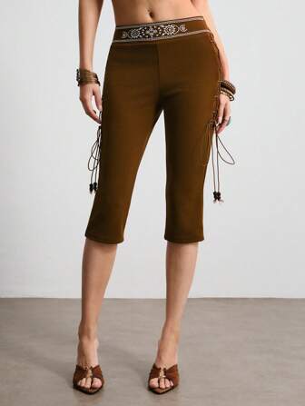 Hippie Damen Urlaubs Lässig Skinny Hose mit Kreuzgurt Taille