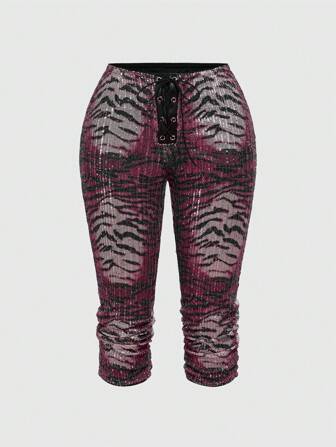 J-Fashion Pantalones capri de mujer con talla grande, cintura baja, estampado de leopardo y lentejuelas con lazo en la cintura