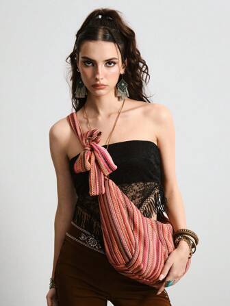 Fairycore Bohemian Crossbody Bag With Hippie Style Colorful Stripes & Cut-Out Bowknot Closure Versatile For Vacation & Back To School