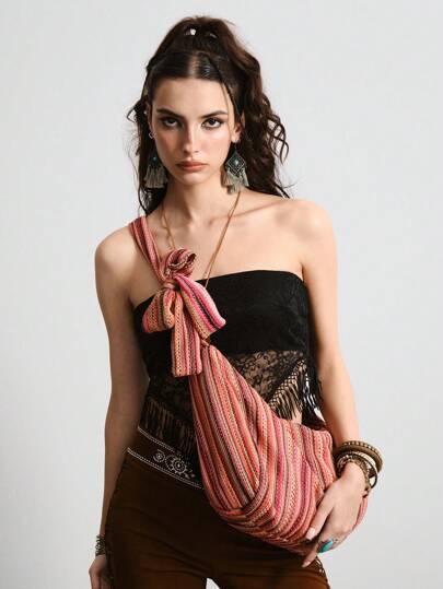 Fairycore Bohemian Crossbody Bag With Hippie Style Colorful Stripes & Cut-Out Bowknot Closure Versatile For Vacation & Back To School