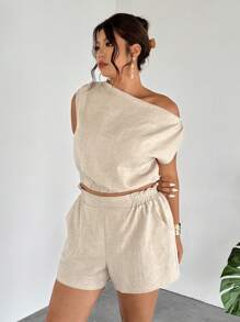 Firerie 2pcs Plus Size Women Linen Color Asymmetrical Shoulder Ruched Blouse And Shorts Set, With Pockets, Lightweight, Comfortable, Fit For Spring/Summer/Autumn, Suitable For Commute, Elegant, Casual, Beach, Bohemian, Hawaii,Two Piece Set Women