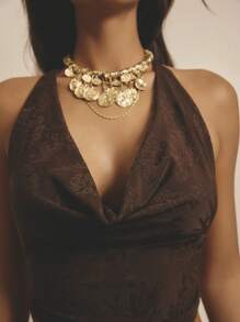 Aralina 露背围脖前开后垂坠修身简约风格度假女式上衣 - 咖啡棕 - 查看 4