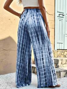 SHEIN VCAY Plus Size Women Drawstring Waist Tie-Dye Printed Wide Leg Loose Pants,Holiday Outfits For Women