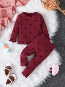 SHEIN Vintaside Kids 嬰兒女孩心形印花對比萵苣邊繫帶t恤和長褲 - 酒紅色 - 查看 6